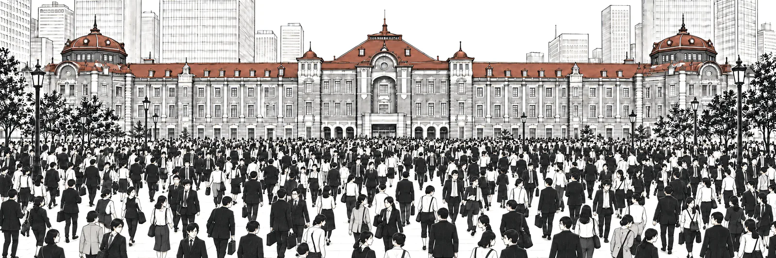 東京駅の前を、大勢の働く人たちが行き交う線画