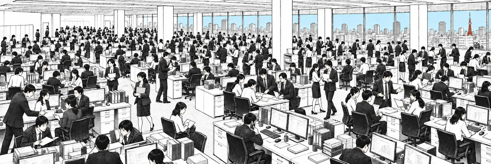 大きな会社のオフィスで、大勢の社員が話し合ったり書類を手渡したりしながら働く線画