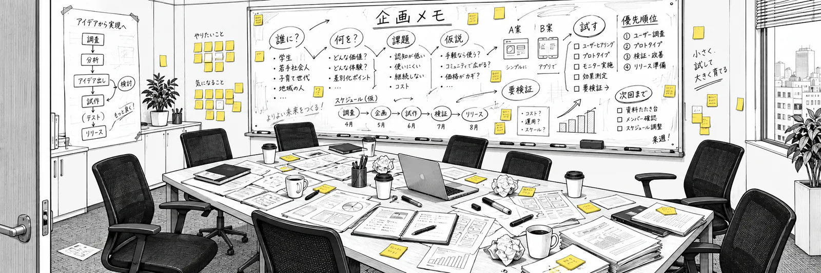 企画会議が終わったあとの打ち合わせ室。書き込みだらけのホワイトボードと付箋、散らかった資料が残る線画