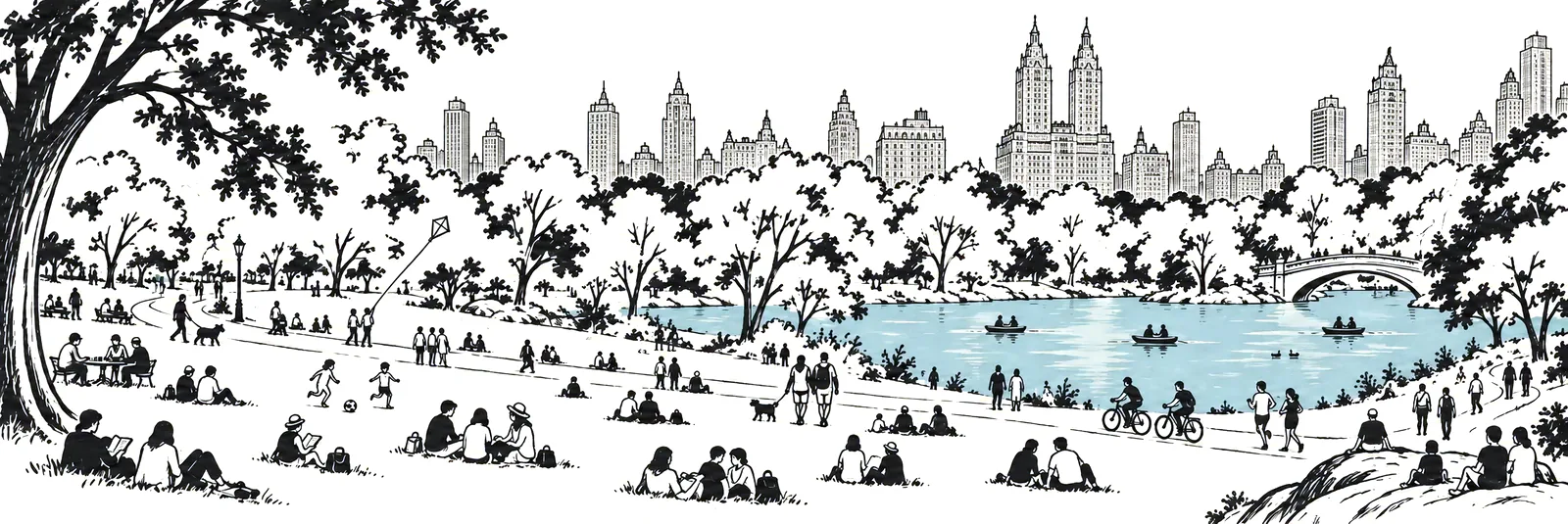 休日の公園で、湖のほとりに人々がくつろぐ線画